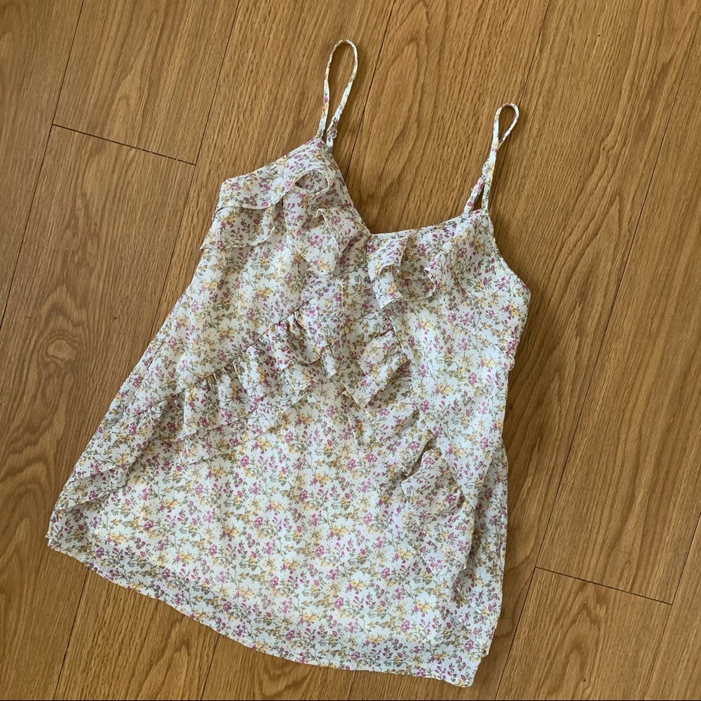 Vintage Style Floral Print Nude Ruffle Tank